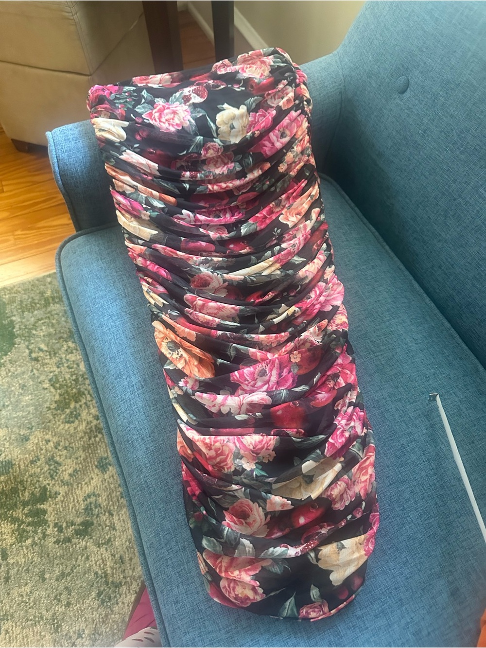 Express Floral Strapless Bodycon Dress in Black with Pink & Cream Blooms